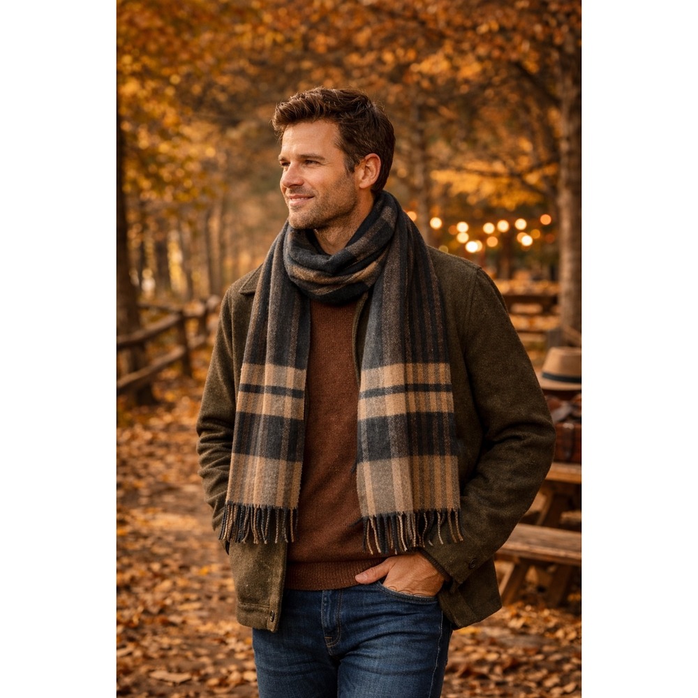 100% Cashmere Club Room Plaid‎ Scarf Black Brown Tan Fringed Soft Warm Luxury